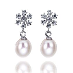 Sterling Silver CZ Snowflake and White Freshwater Pearl Earrings